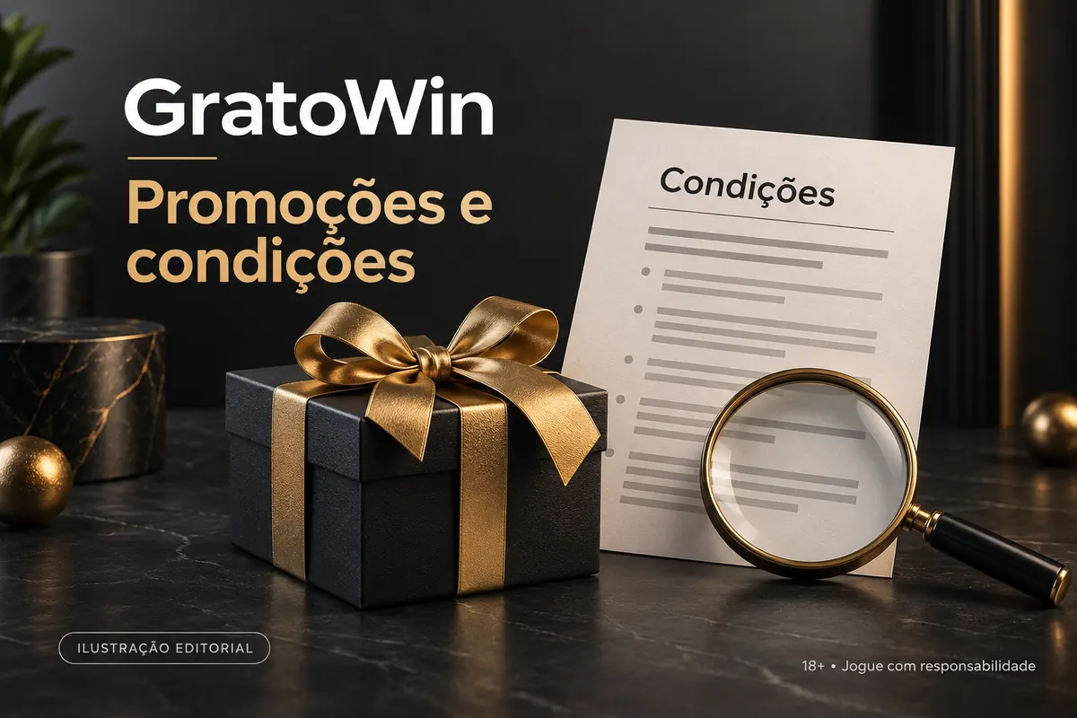 Promoções e condições em GratoWin: confira o rollover e a aposta máxima. Ilustração editorial.