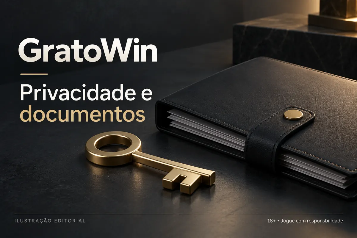 Privacidade e documentos em GratoWin: verificação de identidade antes do primeiro saque. Ilustração editorial.