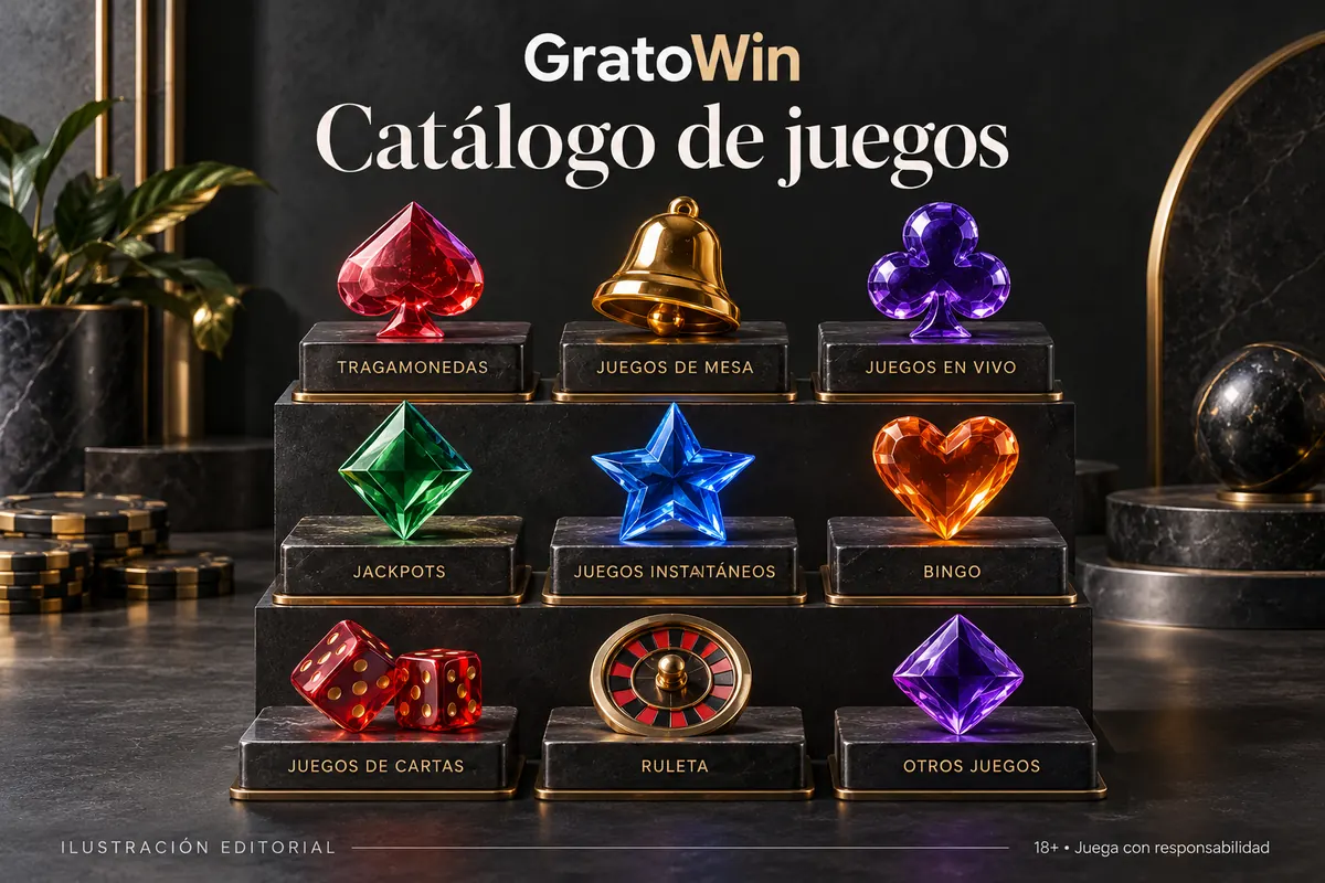 Catálogo de juegos de GratoWin: tragamonedas, mesas y casino en vivo. Ilustración editorial.