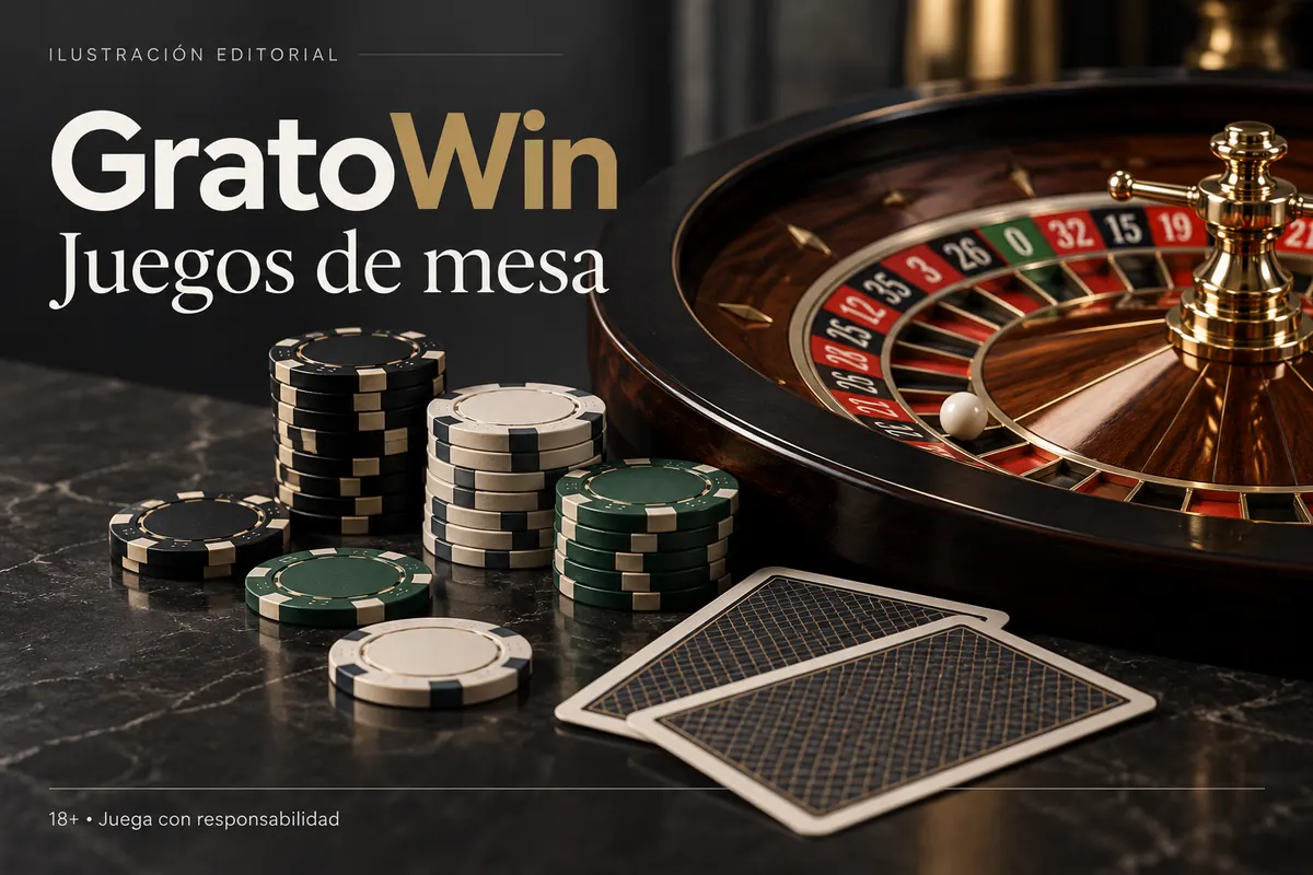 Juegos de mesa en GratoWin: ruleta, blackjack y bacará. Ilustración editorial.
