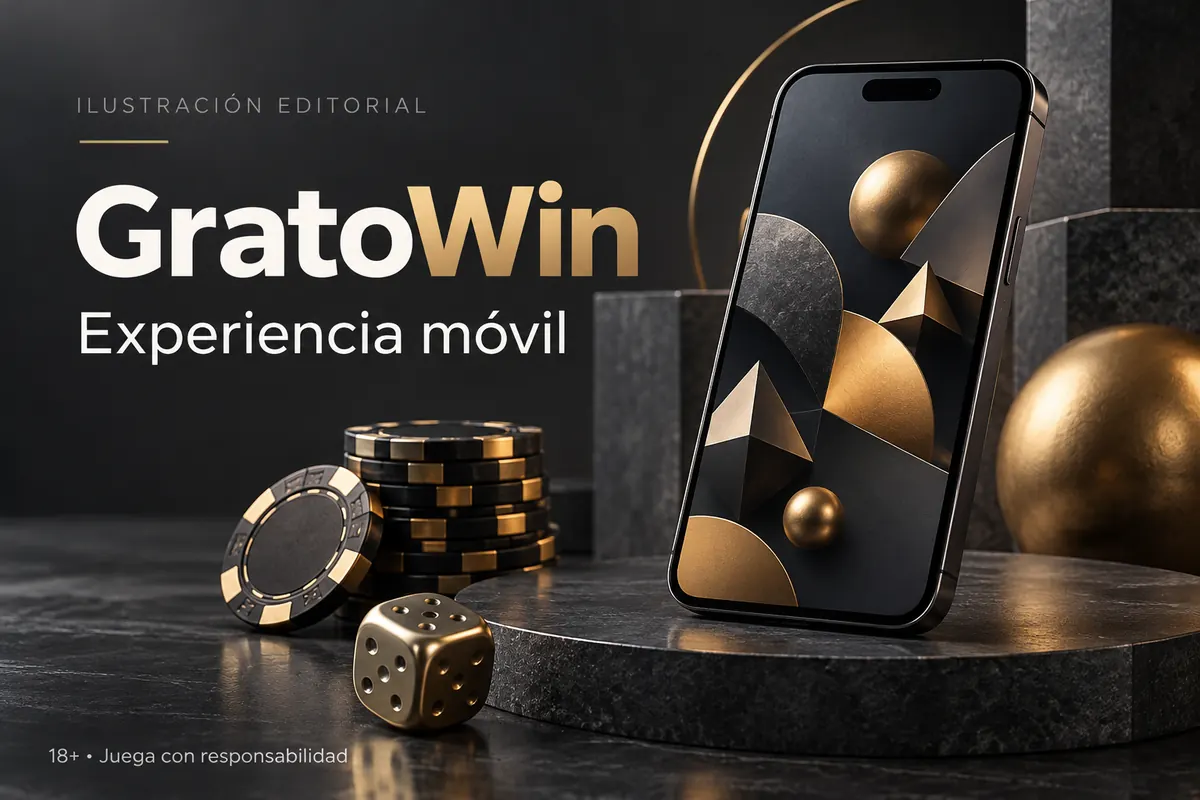GratoWin en el celular: funciona desde el navegador, la app es opcional. Ilustración editorial.