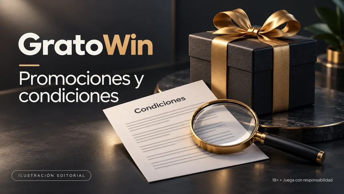 Promociones y condiciones en GratoWin: revisa el rollover y la apuesta máxima. Ilustración editorial.