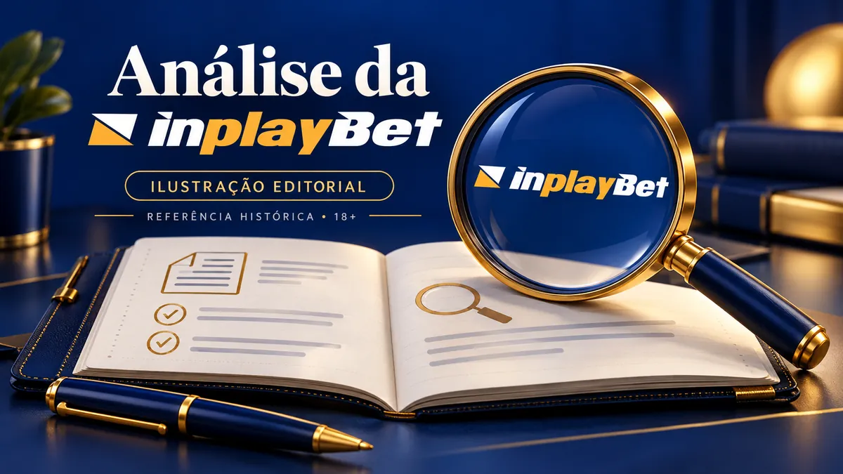 Ilustração com lupa sobre o logotipo da inplayBet e um caderno de análise