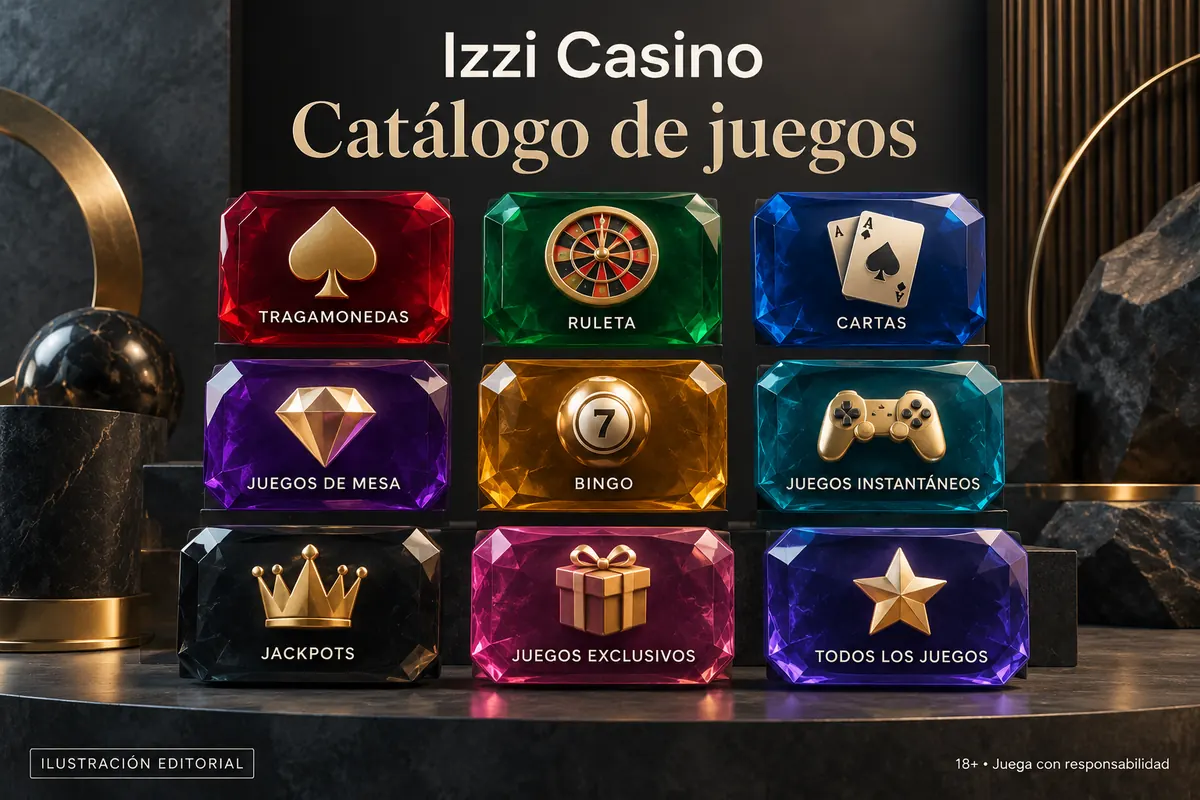 Catálogo de juegos de Izzi Casino: tragamonedas, mesas y casino en vivo. Ilustración editorial.