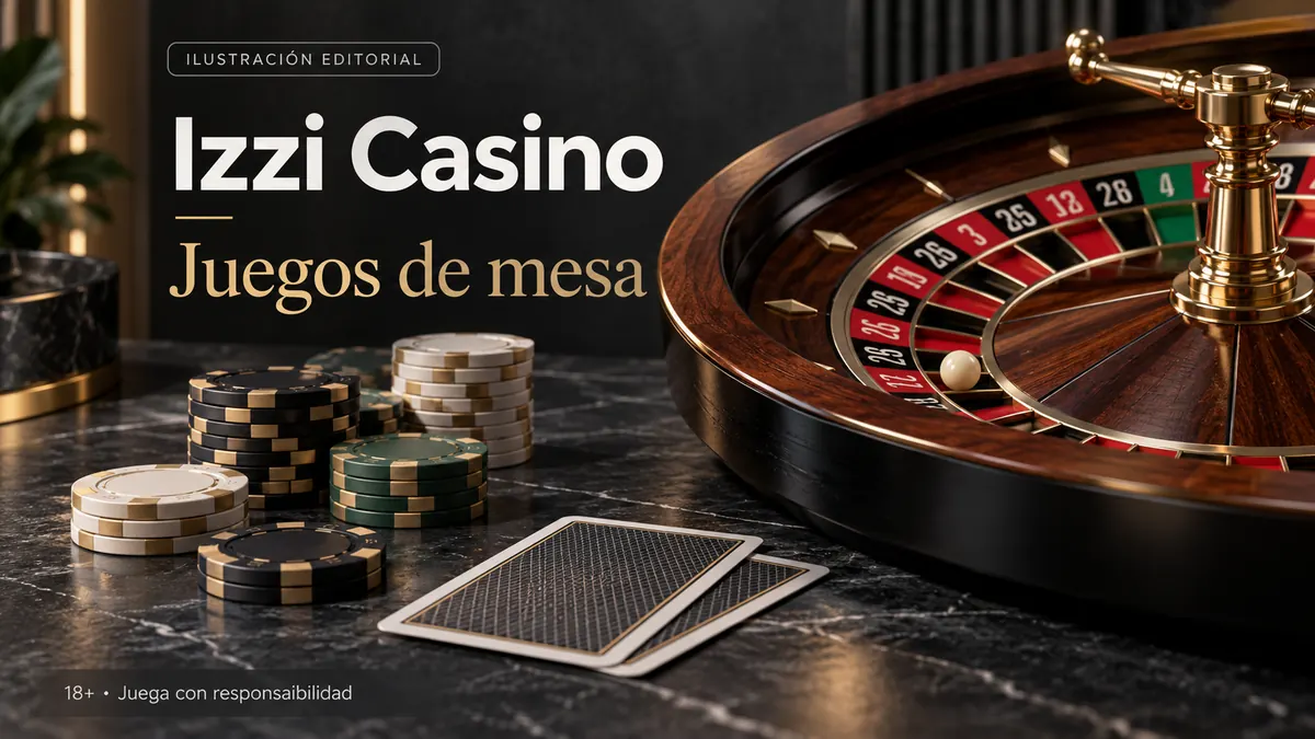 Juegos de mesa en Izzi Casino: ruleta, blackjack y bacará. Ilustración editorial.