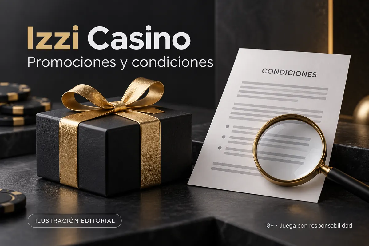 Promociones y condiciones en Izzi Casino: revisa el rollover y la apuesta máxima. Ilustración editorial.