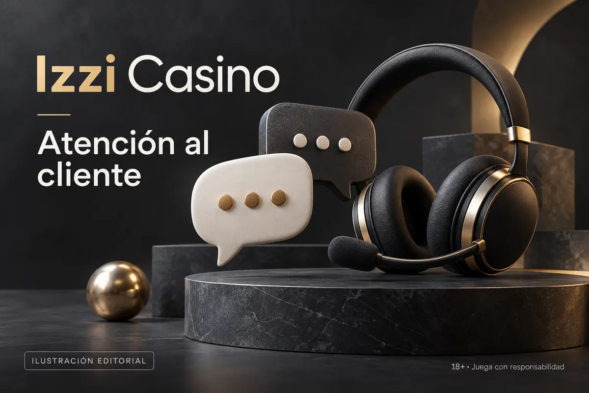 Atención al cliente de Izzi Casino: chat y correo; comprueba horarios e idioma. Ilustración editorial.