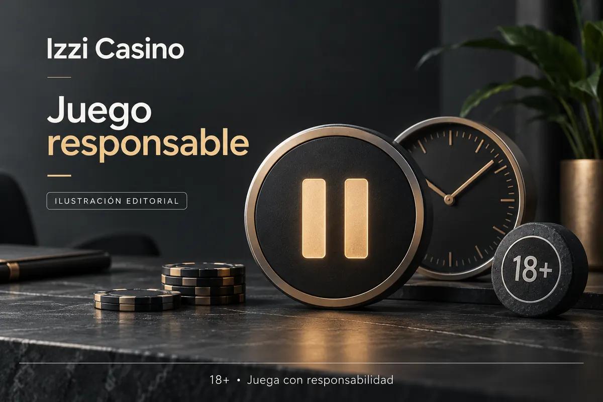 Juego responsable en Izzi Casino: límites de depósito, pausas y autoexclusión. Ilustración editorial.