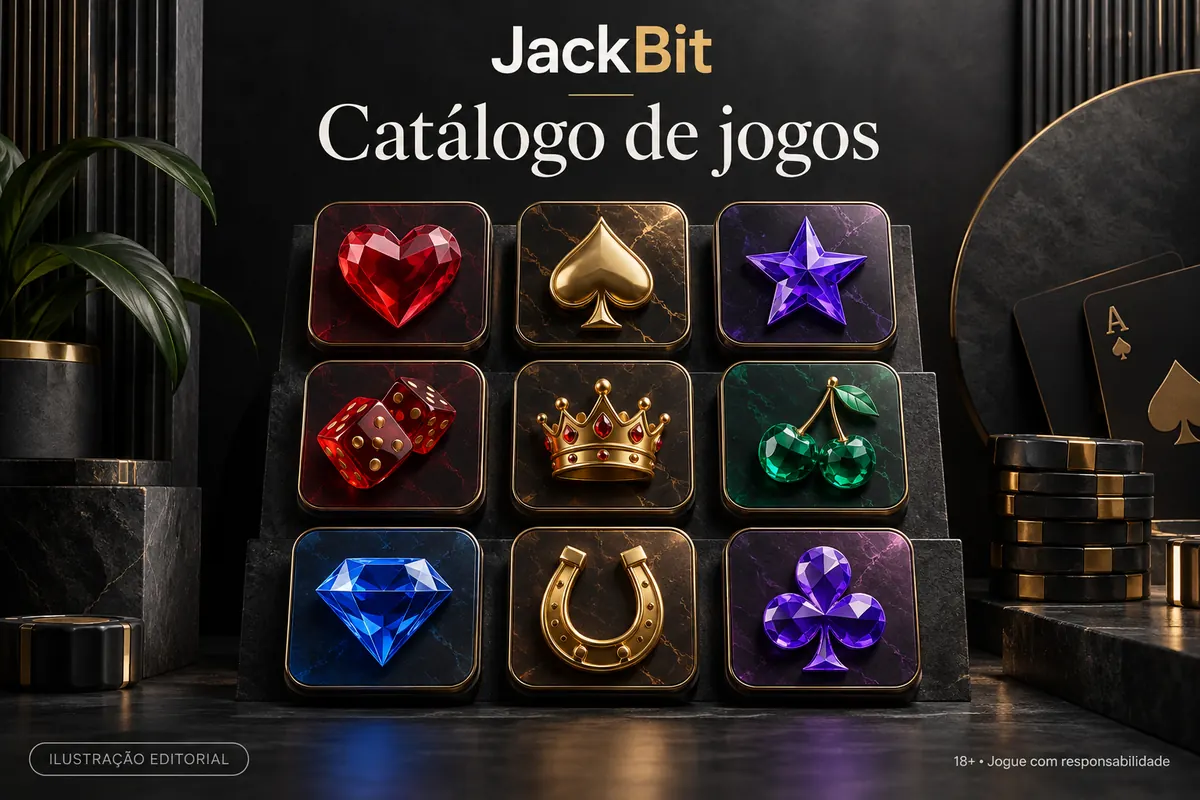 Catálogo de jogos de JackBit: slots, mesas e cassino ao vivo. Ilustração editorial.