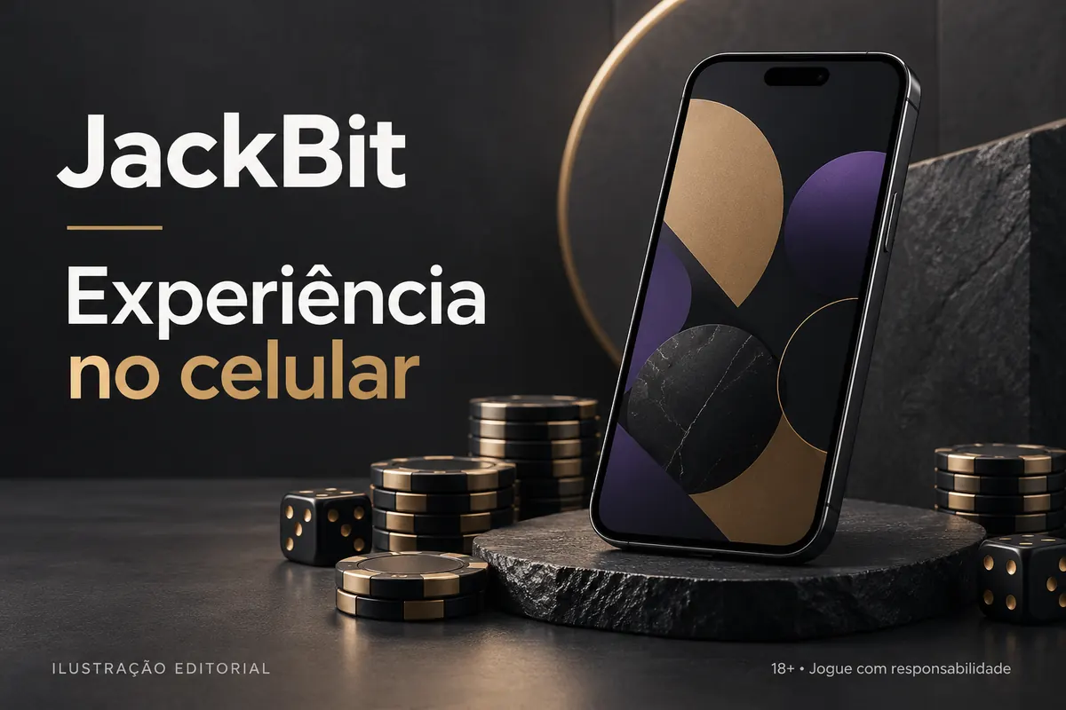 JackBit no celular: funciona pelo navegador, o app é opcional. Ilustração editorial.