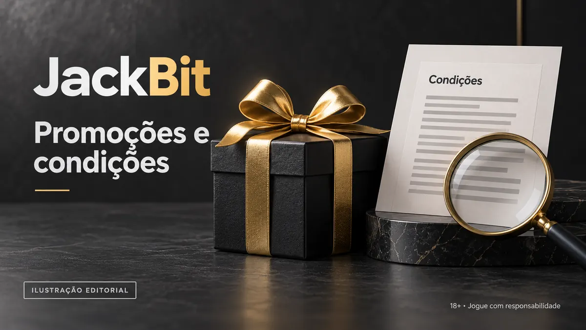 Promoções e condições em JackBit: confira o rollover e a aposta máxima. Ilustração editorial.