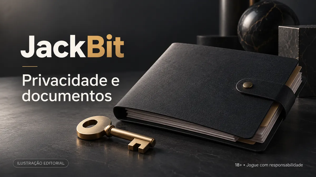 Privacidade e documentos em JackBit: verificação de identidade antes do primeiro saque. Ilustração editorial.