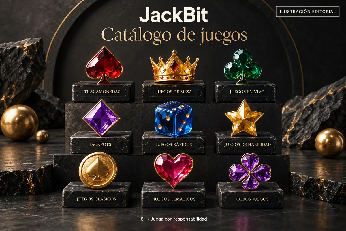 Catálogo de juegos de JackBit: tragamonedas, mesas y casino en vivo. Ilustración editorial.