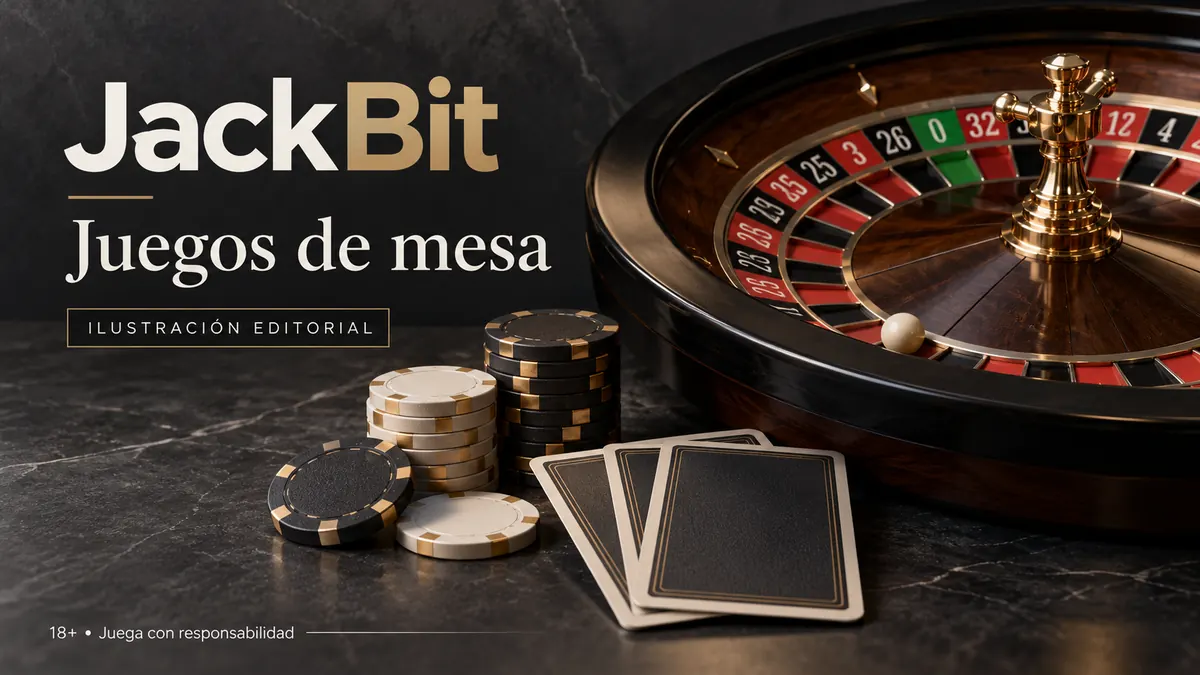 Juegos de mesa en JackBit: ruleta, blackjack y bacará. Ilustración editorial.