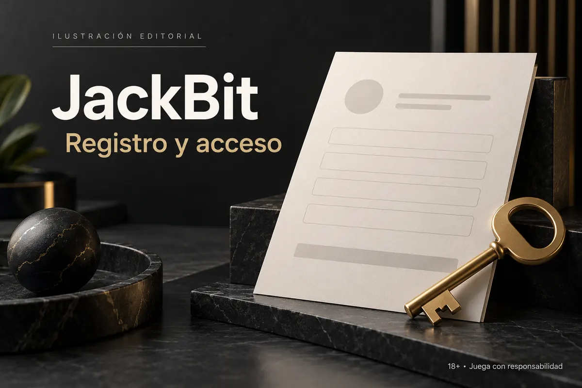 Registro y acceso en JackBit: datos reales y verificación de la cuenta. Ilustración editorial.