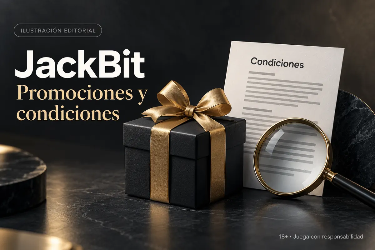 Promociones y condiciones en JackBit: revisa el rollover y la apuesta máxima. Ilustración editorial.