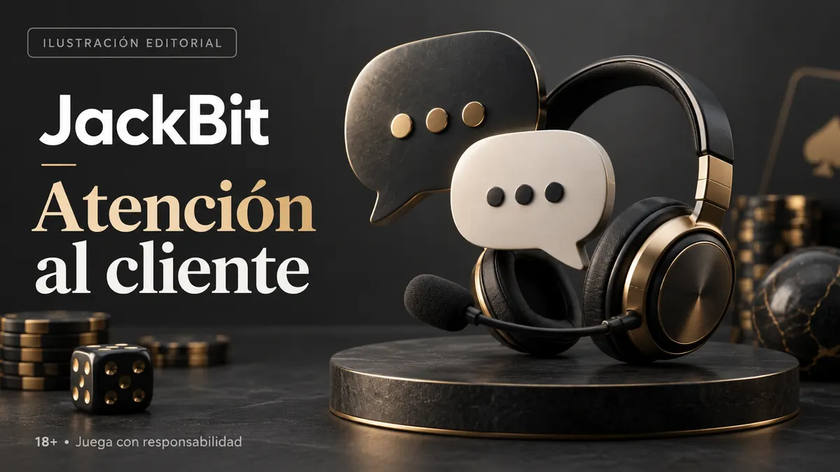 Atención al cliente de JackBit: chat y correo; comprueba horarios e idioma. Ilustración editorial.