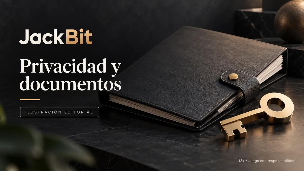 Privacidad y documentos en JackBit: verificación de identidad antes del primer retiro. Ilustración editorial.