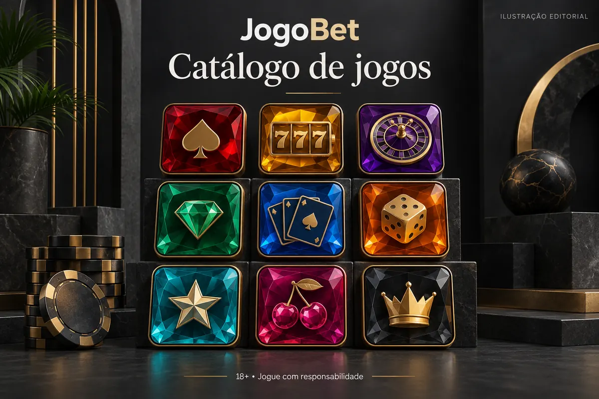 Catálogo de jogos de JogoBet: slots, mesas e cassino ao vivo. Ilustração editorial.