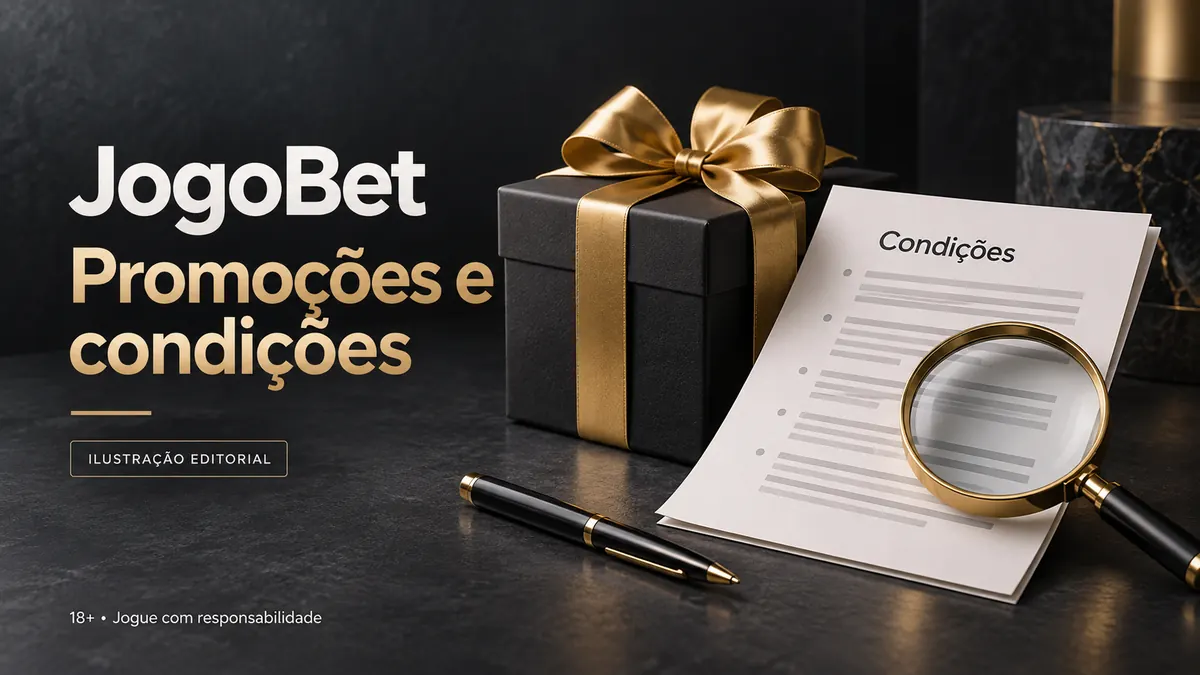 Promoções e condições em JogoBet: confira o rollover e a aposta máxima. Ilustração editorial.