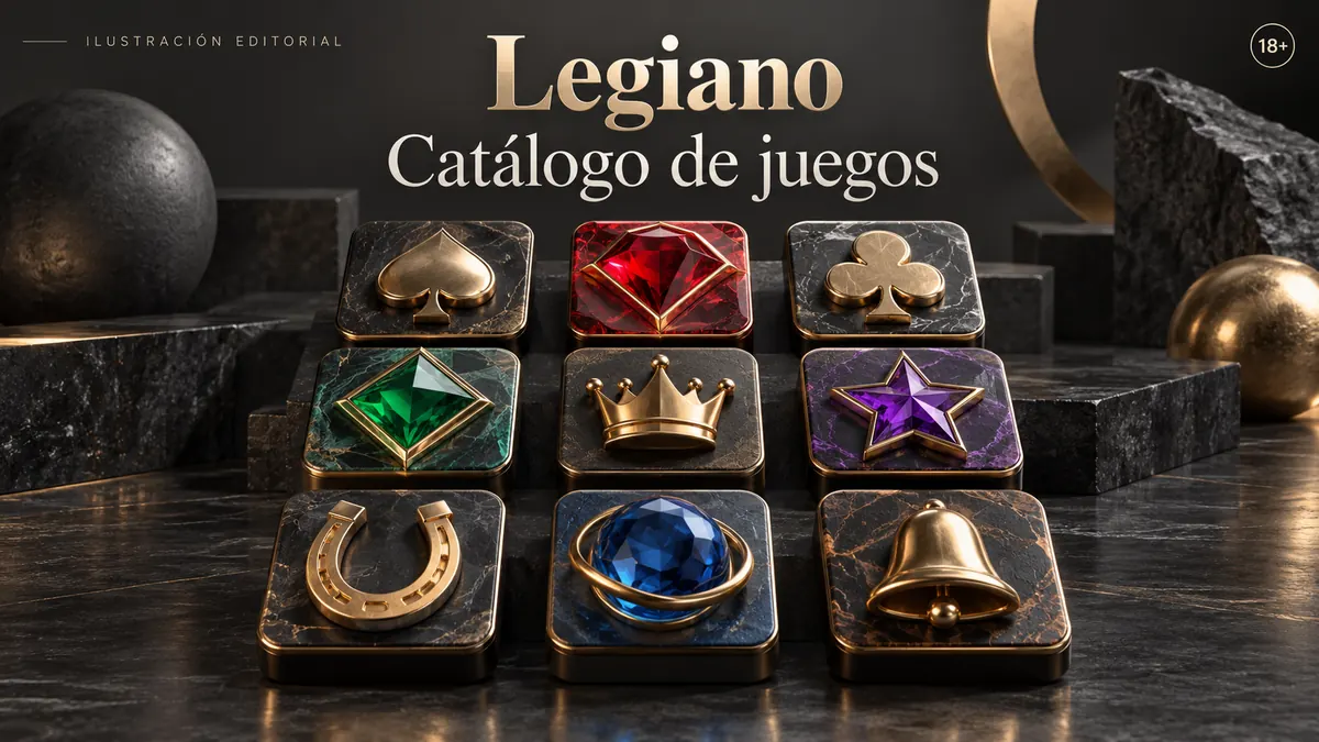 Catálogo de juegos de Legiano: tragamonedas, mesas y casino en vivo. Ilustración editorial.