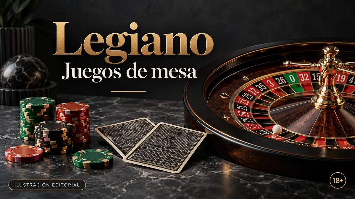 Juegos de mesa en Legiano: ruleta, blackjack y bacará. Ilustración editorial.