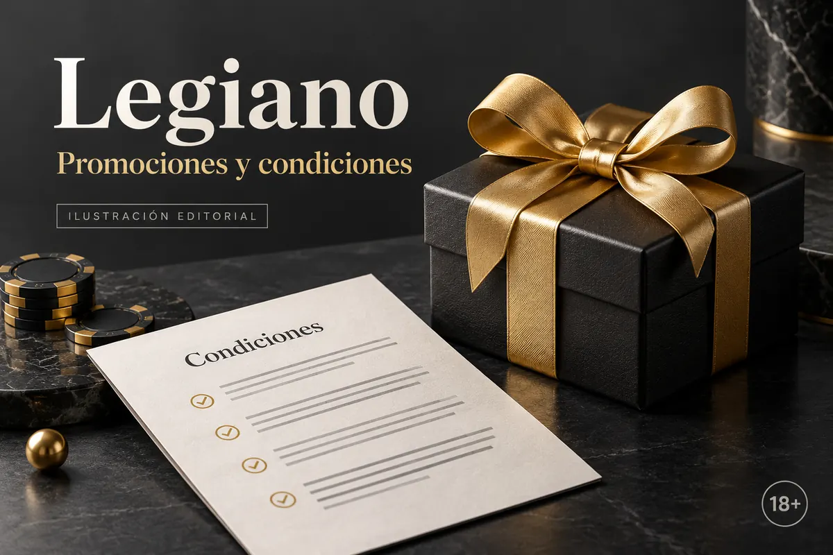 Promociones y condiciones en Legiano: revisa el rollover y la apuesta máxima. Ilustración editorial.