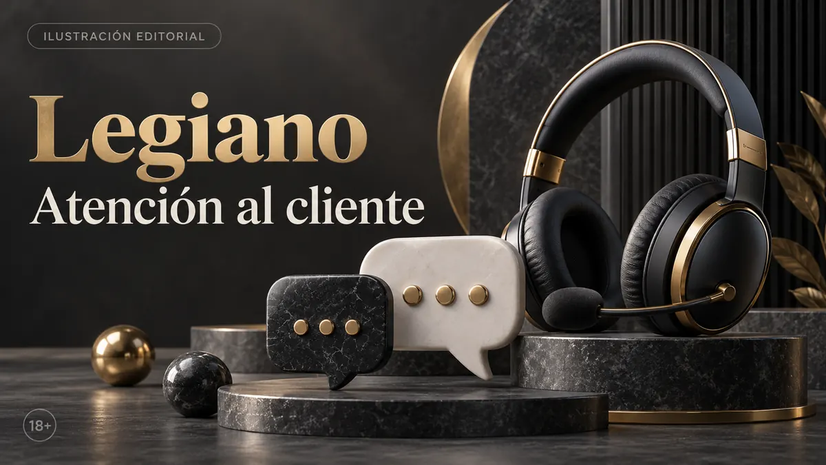 Atención al cliente de Legiano: chat y correo; comprueba horarios e idioma. Ilustración editorial.