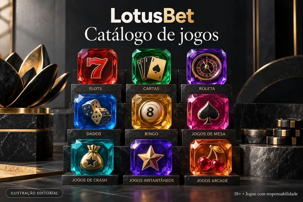 Catálogo de jogos de LotusBet: slots, mesas e cassino ao vivo. Ilustração editorial.