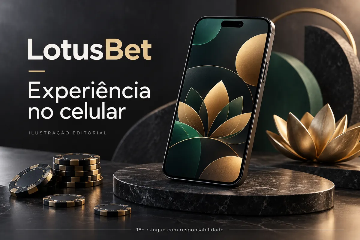 LotusBet no celular: funciona pelo navegador, o app é opcional. Ilustração editorial.