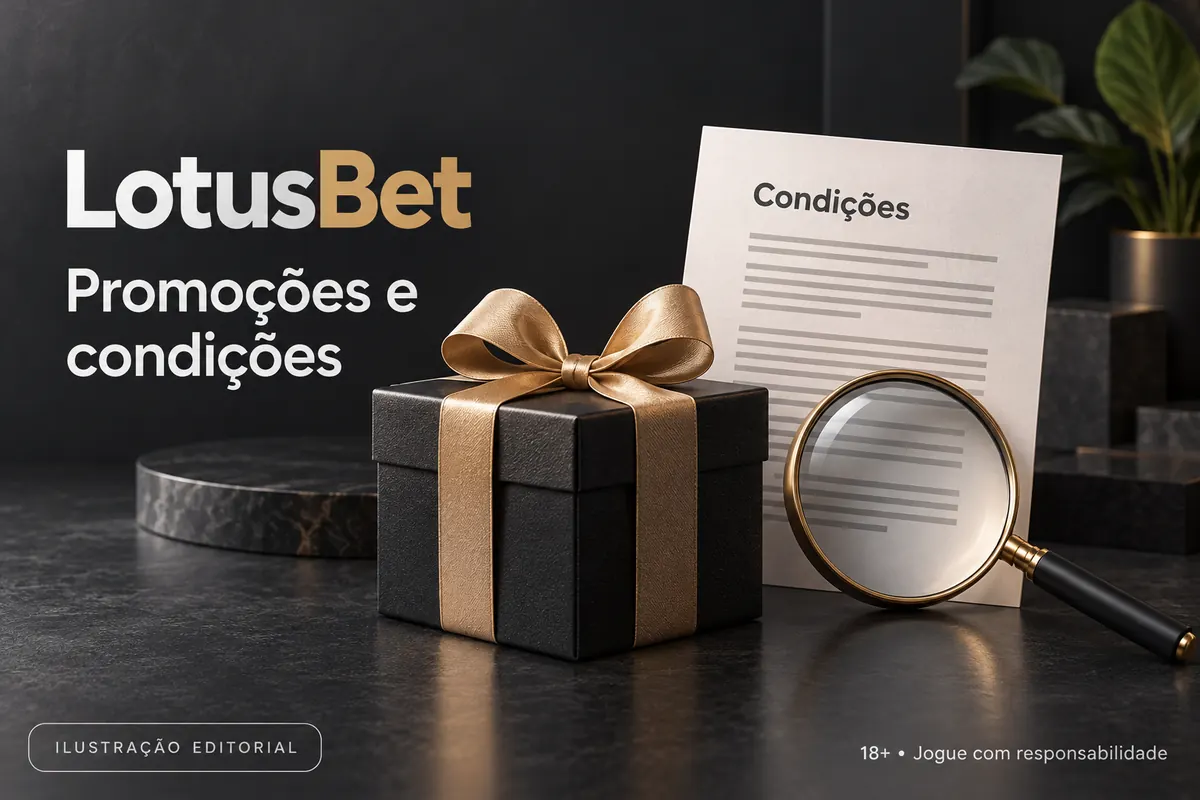 Promoções e condições em LotusBet: confira o rollover e a aposta máxima. Ilustração editorial.