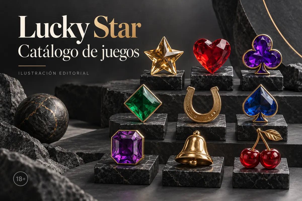 Catálogo de juegos de Lucky Star: tragamonedas, mesas y casino en vivo. Ilustración editorial.
