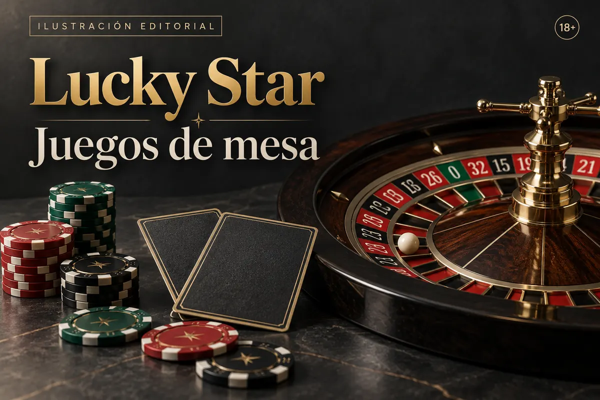 Juegos de mesa en Lucky Star: ruleta, blackjack y bacará. Ilustración editorial.