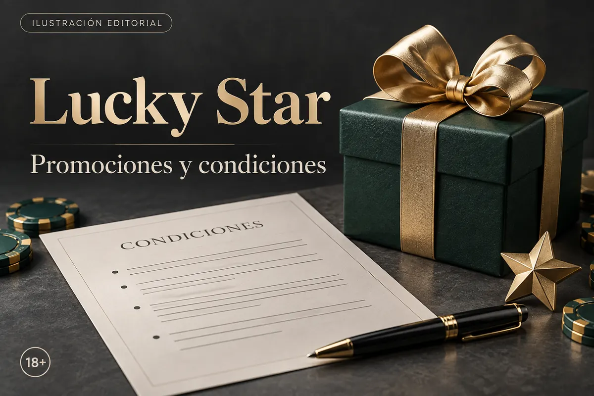 Promociones y condiciones en Lucky Star: revisa el rollover y la apuesta máxima. Ilustración editorial.