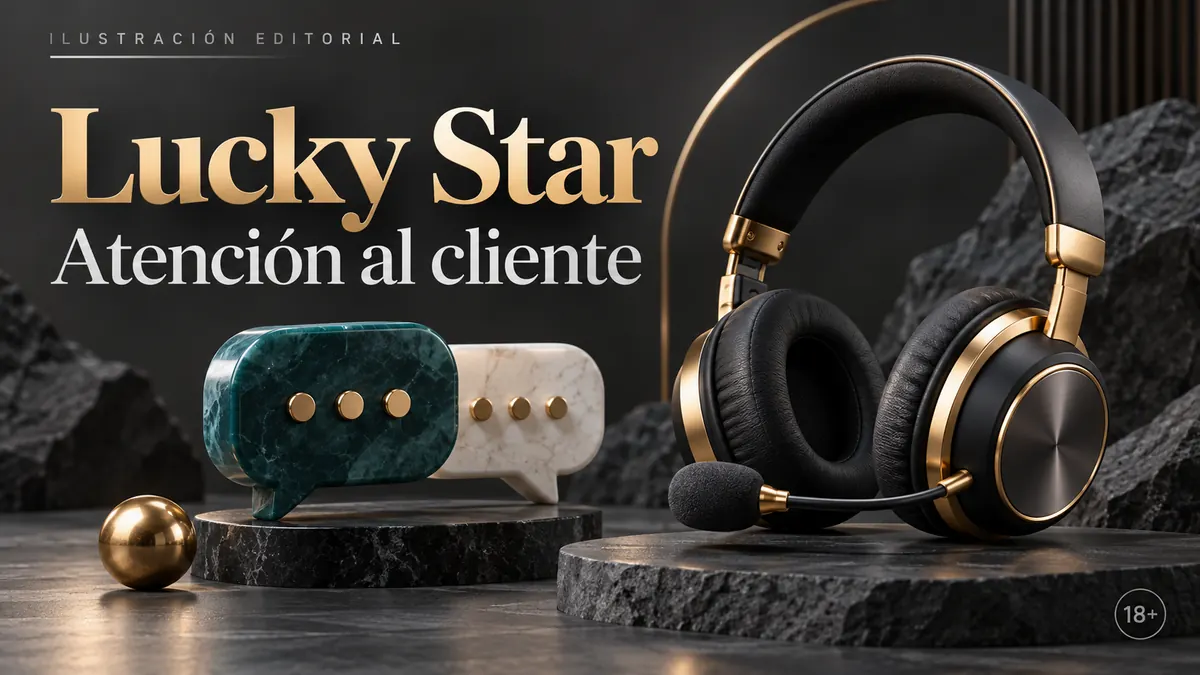 Atención al cliente de Lucky Star: chat y correo; comprueba horarios e idioma. Ilustración editorial.