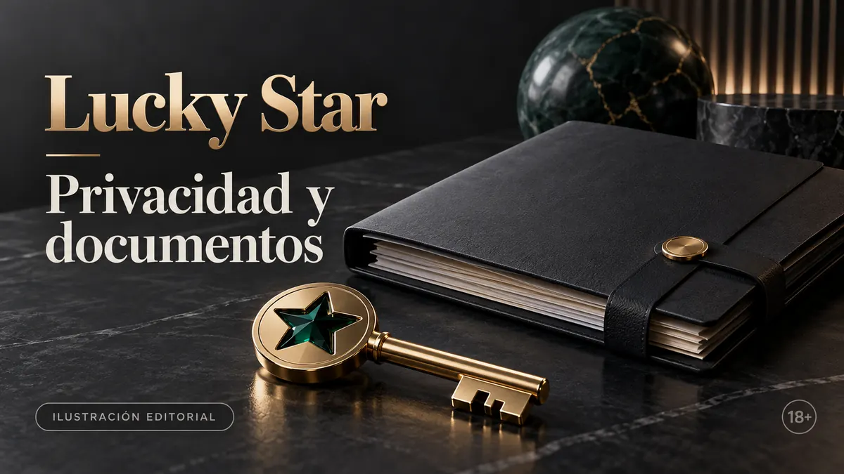 Privacidad y documentos en Lucky Star: verificación de identidad antes del primer retiro. Ilustración editorial.