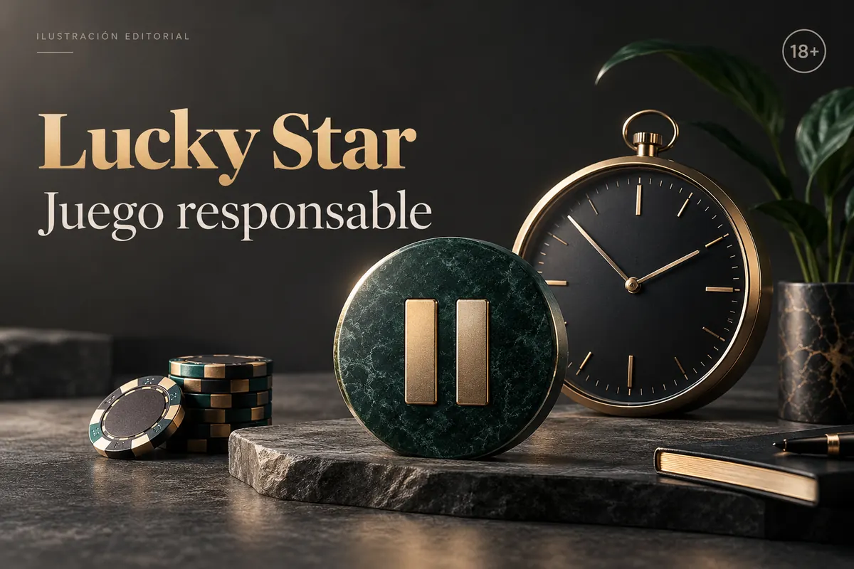 Juego responsable en Lucky Star: límites de depósito, pausas y autoexclusión. Ilustración editorial.