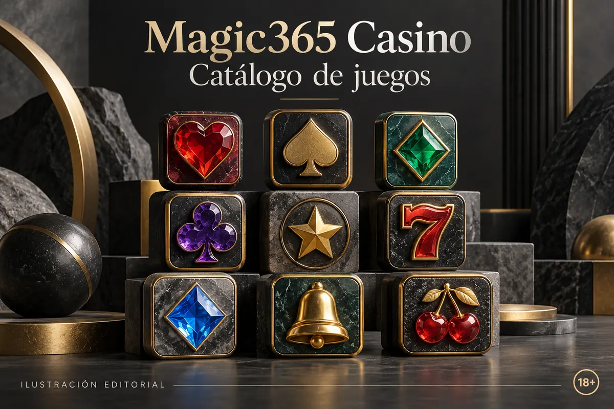 Catálogo de juegos de Magic365 Casino: tragamonedas, mesas y casino en vivo. Ilustración editorial.
