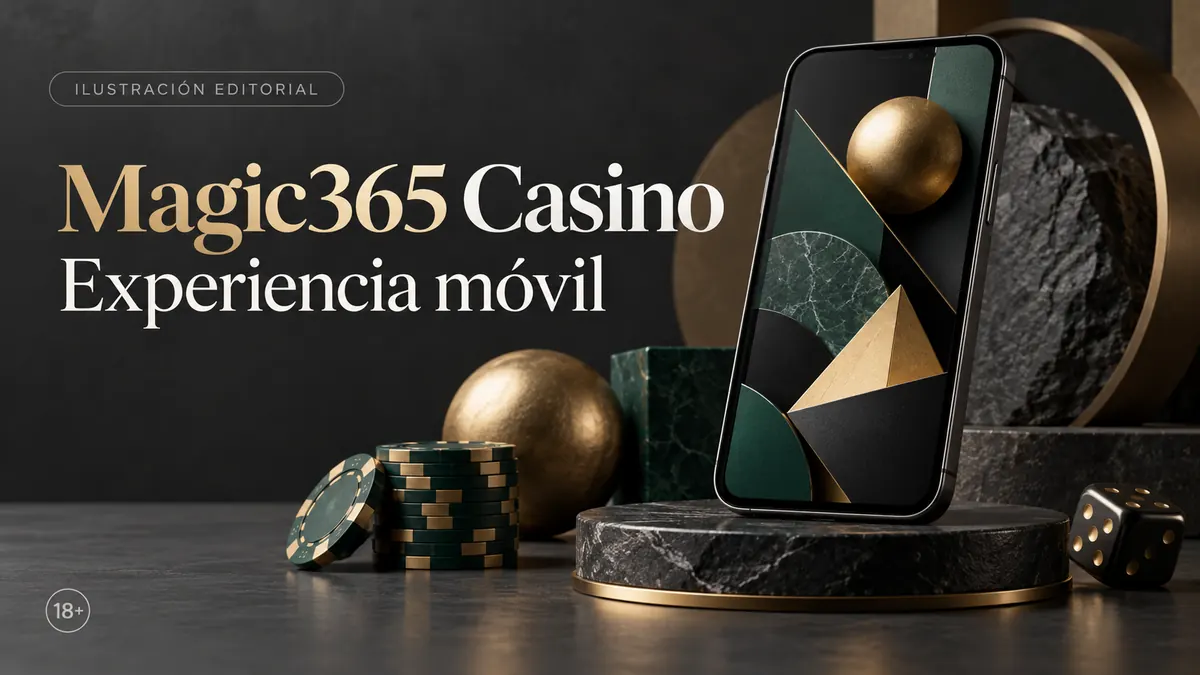 Magic365 Casino en el celular: funciona desde el navegador, la app es opcional. Ilustración editorial.