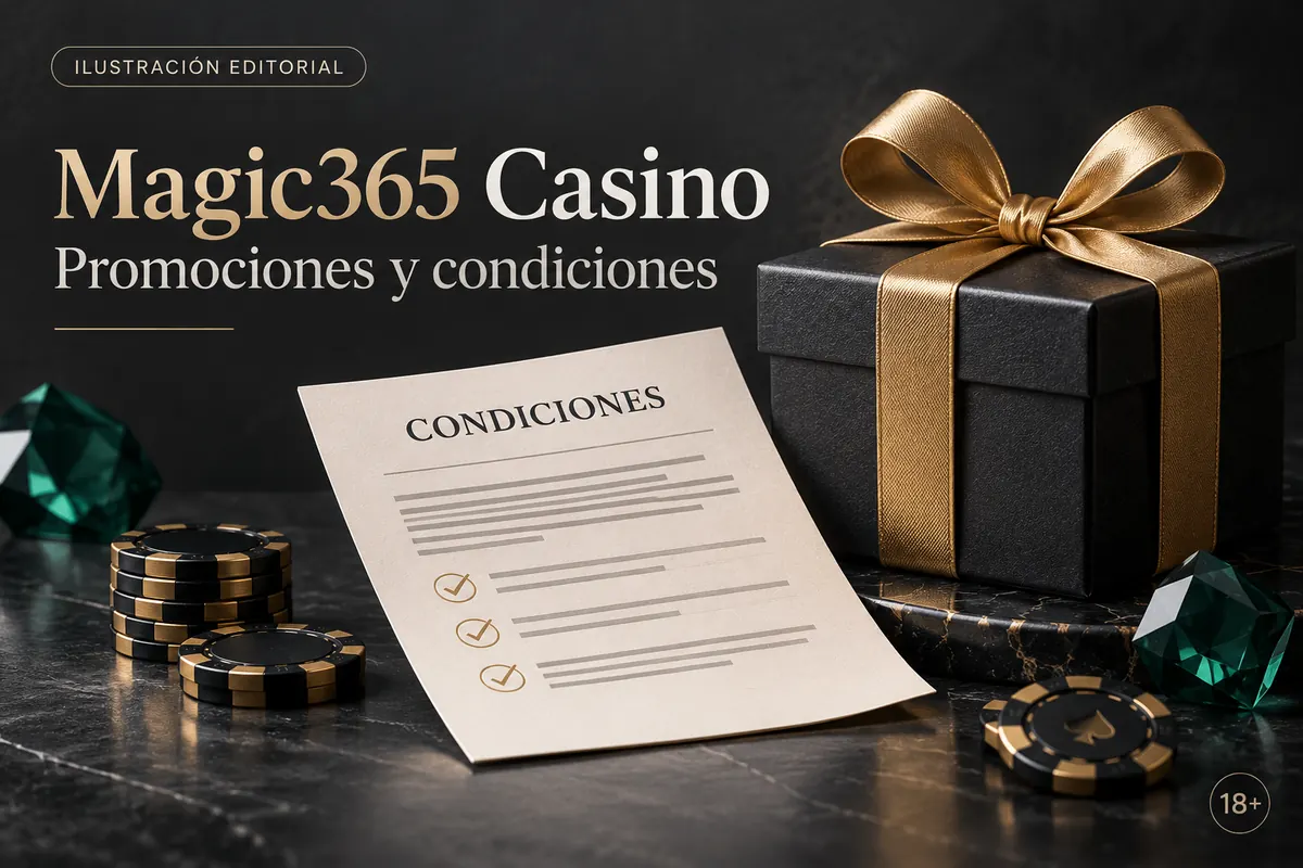 Promociones y condiciones en Magic365 Casino: revisa el rollover y la apuesta máxima. Ilustración editorial.
