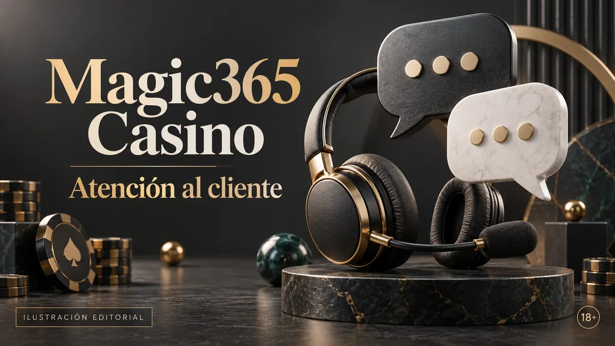 Atención al cliente de Magic365 Casino: chat y correo; comprueba horarios e idioma. Ilustración editorial.