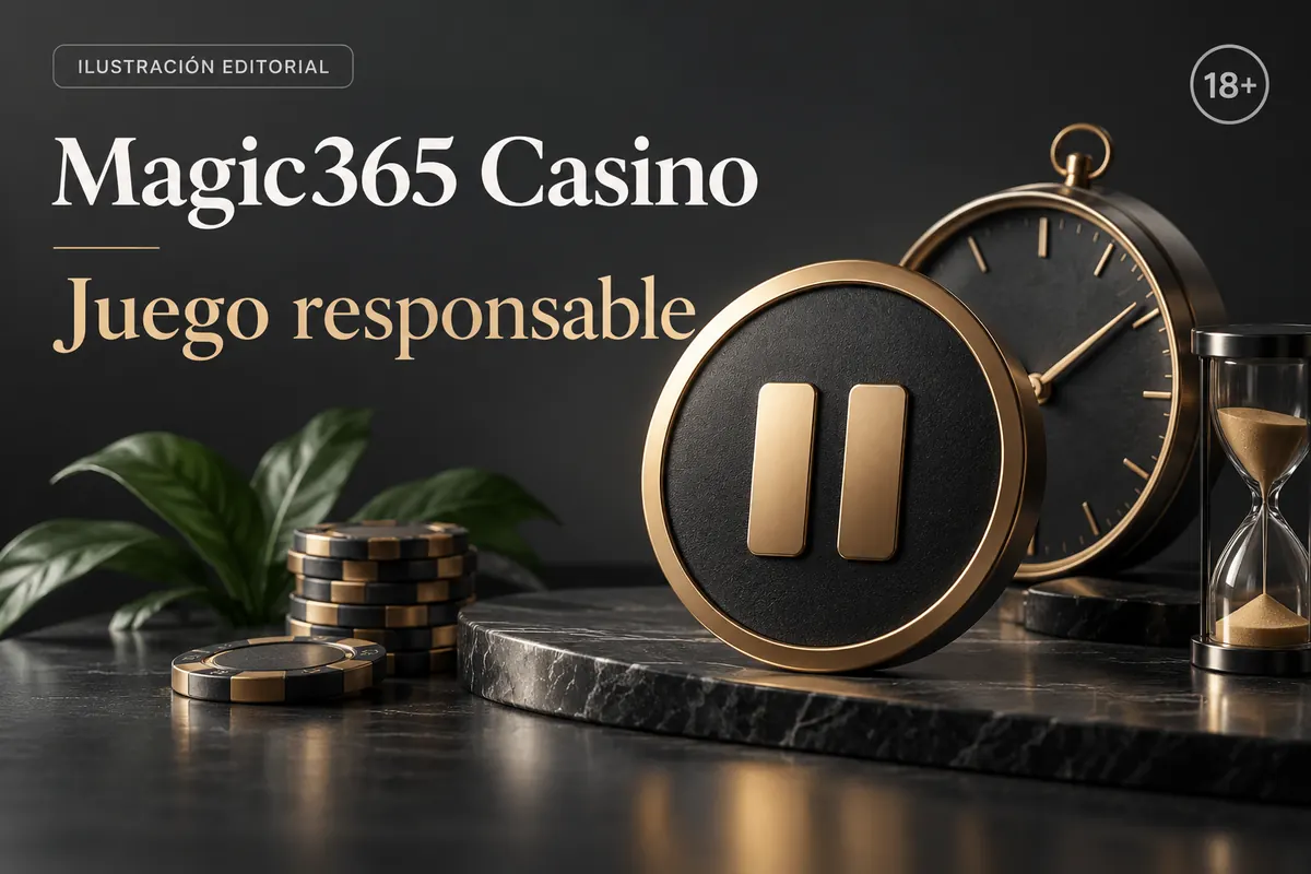 Juego responsable en Magic365 Casino: límites de depósito, pausas y autoexclusión. Ilustración editorial.