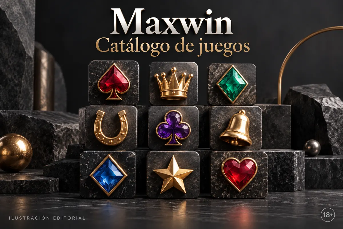Catálogo de juegos de Maxwin Casino: tragamonedas, mesas y casino en vivo. Ilustración editorial.