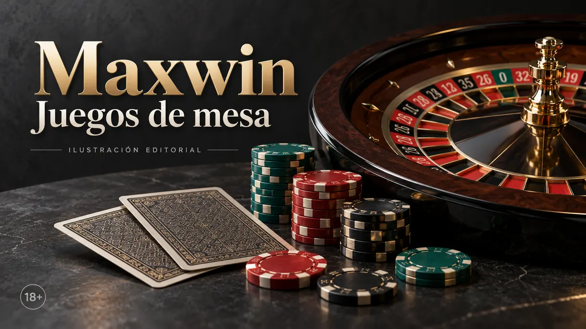 Juegos de mesa en Maxwin Casino: ruleta, blackjack y bacará. Ilustración editorial.