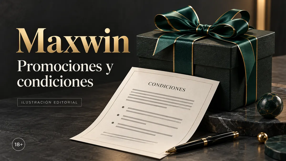 Promociones y condiciones en Maxwin Casino: revisa el rollover y la apuesta máxima. Ilustración editorial.