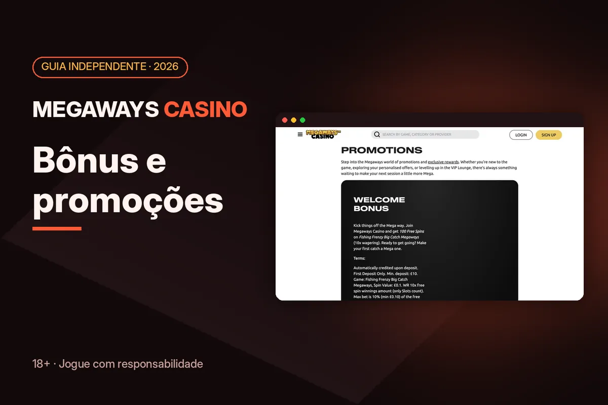 Capa 'Bônus e promoções' com a página de promoções de megawayscasino.com