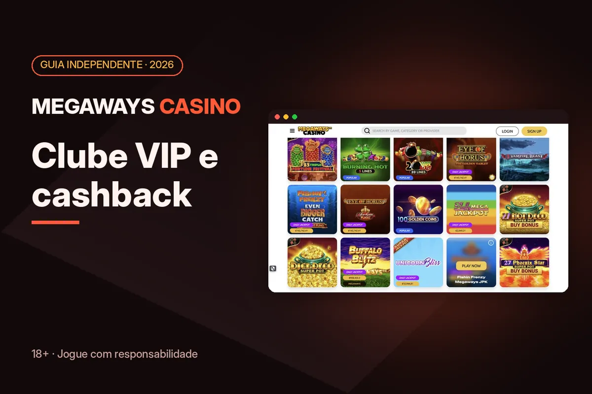 Capa 'Clube VIP e cashback' com a seção de jackpots de megawayscasino.com