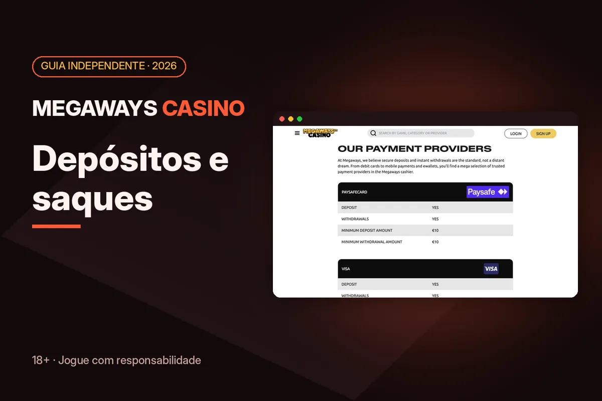 Capa 'Depósitos e saques' com a página de métodos de pagamento de megawayscasino.com