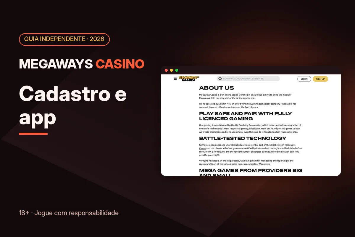 Capa 'Cadastro e app' com a página About us de megawayscasino.com