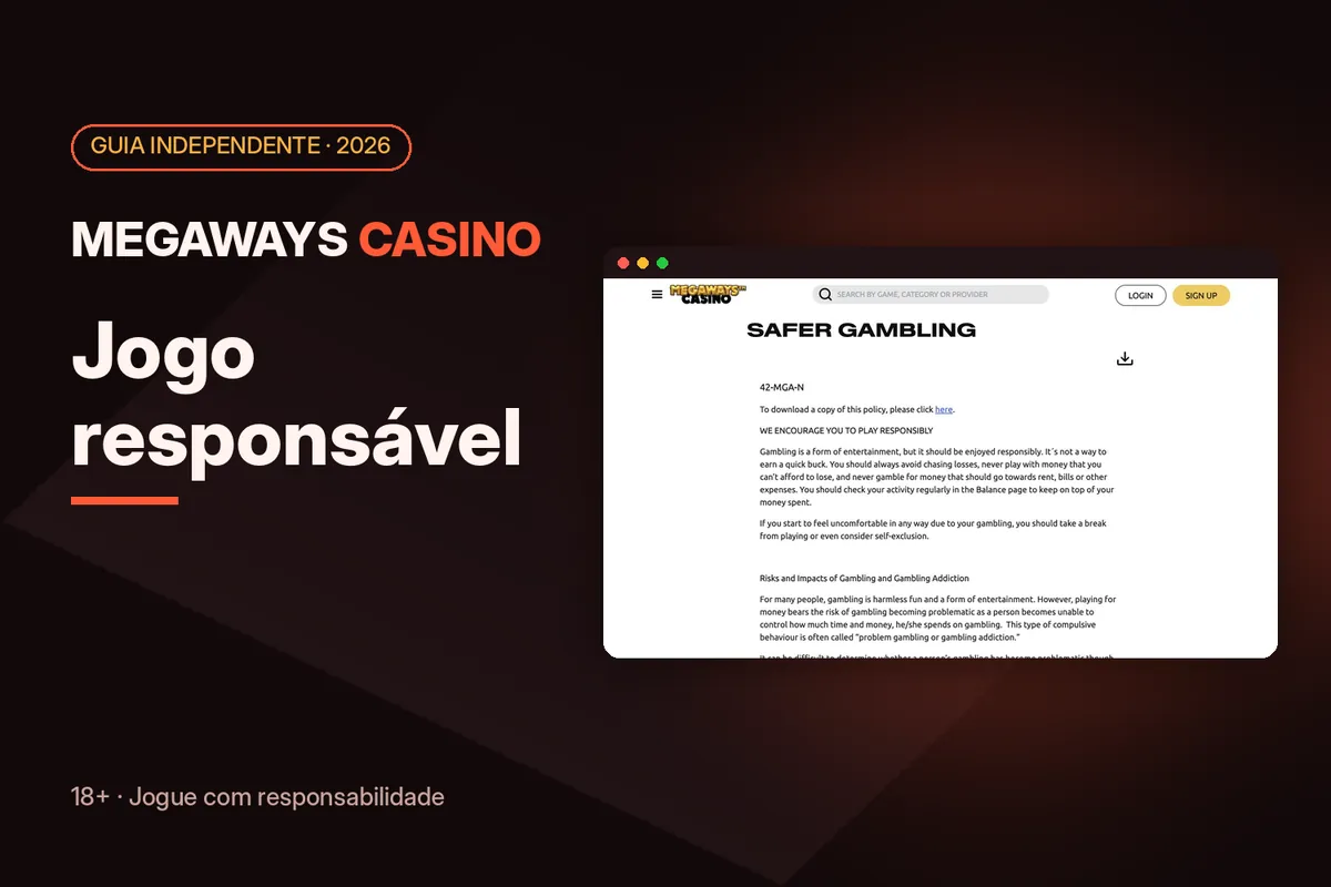 Capa 'Jogo responsável' com a página Safer Gambling de megawayscasino.com